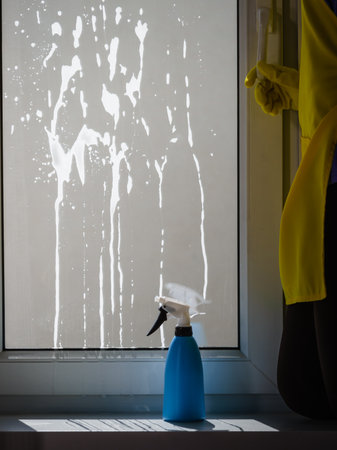 Person spraying window cleaning detergent in spray bottle. House clean products, household care equipment.の写真素材