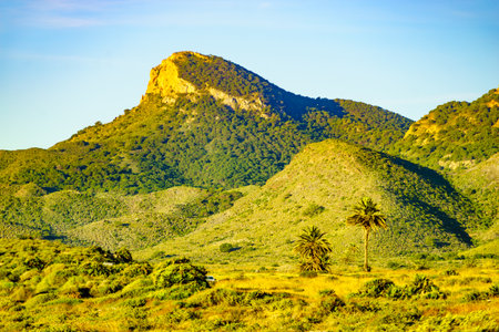 Mediterranean sea coast landscape, mountainous spanish coastline in Murcia region. Calblanque Regional Park. tourist attraction.の写真素材