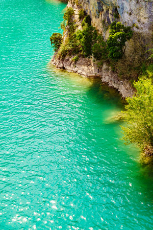 Turquoise water of St Croix Lake, Verdon Gorge in french Alps mountains, Provence France. holiday trip.の写真素材