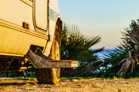 Metal steps of camper car recreation vehicle. Travel in motorhome, holidays.の写真素材