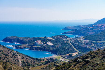 Rocky shoreline in marine reserve of Cerbere Banyuls, Mediterranean sea, Pyrenees Orientales in Franceの写真素材