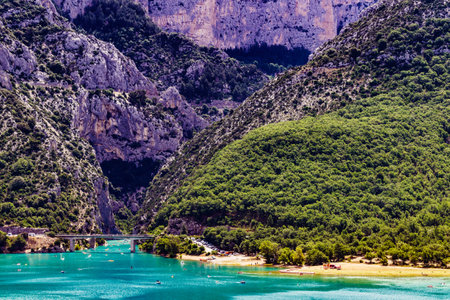 Boats on turquoise water of mountain canyon, Verdon Gorge in french Alps, Provence France. holiday trip. tourist attraction.の写真素材