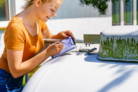Woman checking level of propane gas in tank in yard of single family house. Home heating.の写真素材