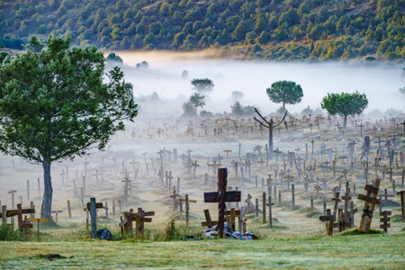 Hazy foggy weather in early morning over Sad Hill Cemetery in Burgos, Spain. Tourist place,...