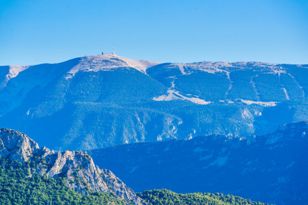 Mountain landscape with Mont Ventoux in the distance, view from Baronnies Provencales Natural Park in France.の写真素材