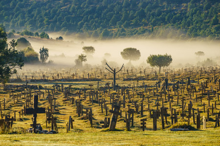 Hazy foggy weather in early morning over Sad Hill Cemetery in Burgos, Spain. Tourist place, spaghetti western film location.の写真素材