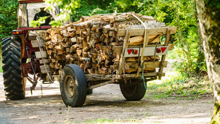 Laden wagon with wood. Timber logging in the forest. Tree wooden logs piled up. Storage for winter heating. Work to prepare for cold season.の写真素材