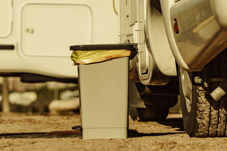 Trash can with plastic bag inside in front of caravan. Holidays and travel in motorhome.の写真素材