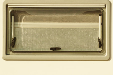 Details of camper car recreation vehicle, window roller shades blindの写真素材