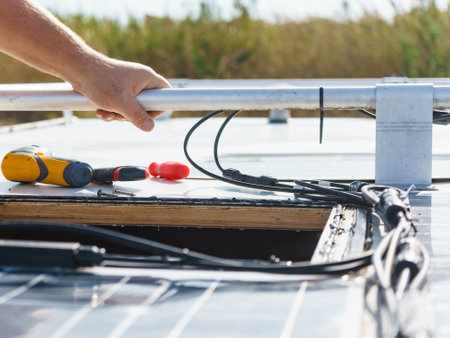 Male hands installing flexible solar panel on rv campervan or repair camper car roof.の写真素材