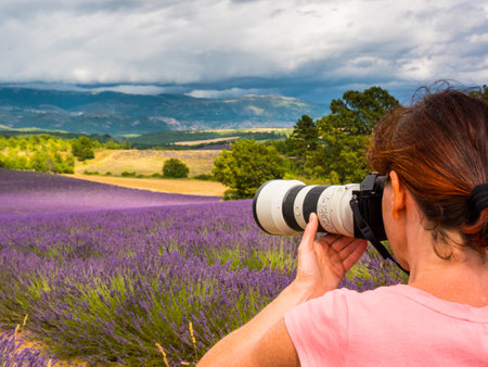 Mature tourist woman with camera taking travel photo from Provence landscape with purple lavender fields. Puimoisson region, Plateau Valensole, Alpes de Haute Provence in Franceの写真素材
