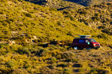 Campervan rv camping on nature. Van life, motor home holidays.の写真素材