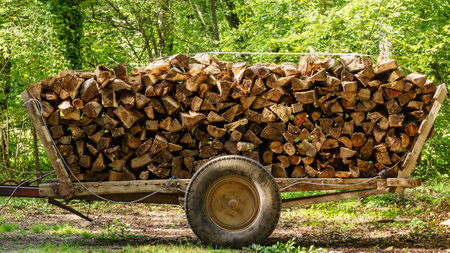 Laden wagon with wood. Timber logging in the forest. Tree wooden logs piled up. Storage for winter heating. Work to prepare for cold season.の写真素材