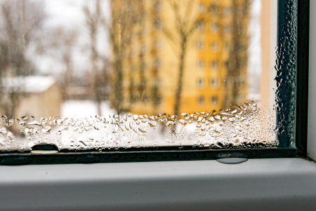Wet window pane with black mold on plastic. Water condensation problem. Dev point. Winter outside.の写真素材
