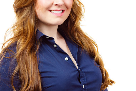 Young woman with long healthy brown hairの写真素材
