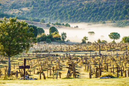 Hazy foggy weather in early morning over Sad Hill Cemetery in Burgos, Spain. Tourist place, spaghetti western film location.の写真素材