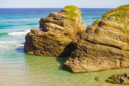 Cantabric coast landscape in northern Spain. Cliff formations on Cathedral Beach, Galicia Spain. Playa de las Catedrales, As Catedrais in Ribadeo, province of Lugo. Tourist attraction.の写真素材