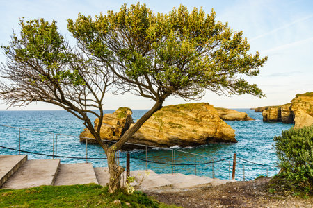 Cantabric sea at high tide, coastal landscape in northern Spain. Playa las Catedrales, Catedrais beach in Ribadeo, province of Lugo, Galicia.の写真素材
