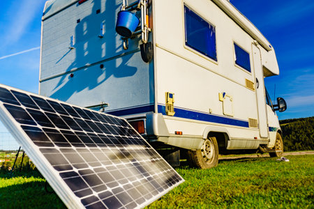 Charging battery at camper car. Caravan with portable solar photovoltaic panel camping on Verdicio beach, Asturias coast, northern Spain.の写真素材