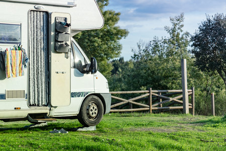 Caravan camping on nature in Portugal. camper trip.の写真素材