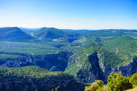 landscape. Verdon Gorge in French Alps, Provence France. Regional Natural Park. River grand canyon. tourist place. View from Belvedere de la Dent d'Aire viewpoint.の写真素材