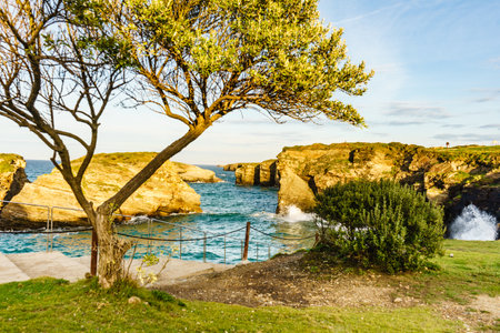 Cantabric sea at high tide, coastal landscape in northern Spain. Playa las Catedrales, Catedrais beach in Ribadeo, province of Lugo, Galicia.の写真素材