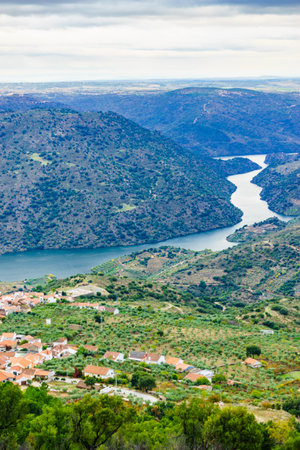 Panorama with Douro river and Mazouco village in northern Portugal. View from Colorado viewpoint. Tourist attraction. Place to visit.の写真素材