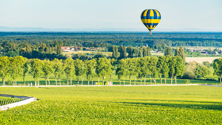 Hot air balloon ride above the Burgundy landscape. Cote de Beaune, Pommard region.の写真素材