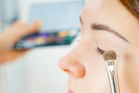 Face painting. Makeup artist applying shadows to model eyes. Cosmetic beauty procedures, make-up stage.の写真素材
