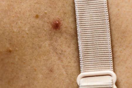 Close up of skin with acne moles and red spots. Health problem, skin diseases.の写真素材