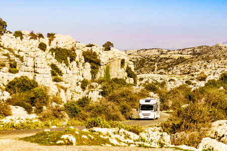 Caravan in nature reserve in the Sierra del Torcal mountain range near Antequera city, province Mの写真素材