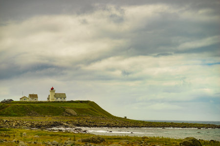Coastal landscape. Obrestad lighthouse in south Norway, Norwegian national tourist county route road 44 Jaeren.の写真素材