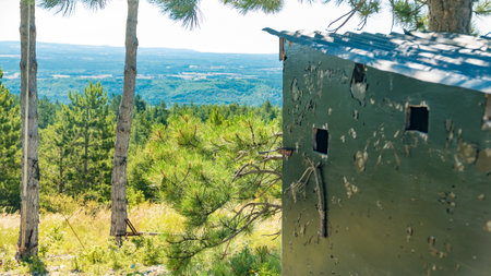 Hide for hunter in forest nature. Wildlife observation point, raised blind.の写真素材