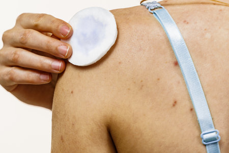 Health problem, skin diseases. Young woman with acne, red spots on back. Female cleaning skin, using a cotton pad.の写真素材