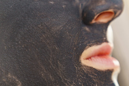 Skin care. Woman with charcoal facial mask, deep black cleanser on face. Beauty, spa and acne...