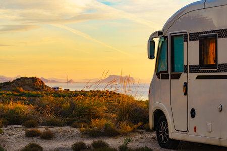 Camper rv camping on sea shore. Mediterranean region of Costa Almeria in Andalucia, Spainの写真素材