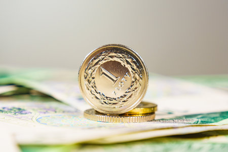 Poland currency. Close up of Polish many banknotes and one zloty coin. Finance economics.の写真素材