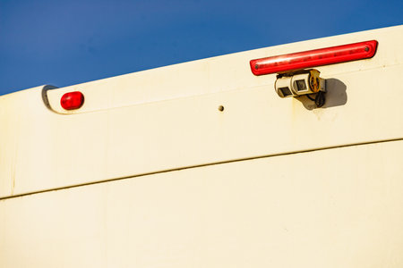 Caravan detail, rv back with rear view camera. Car parking cameraの写真素材