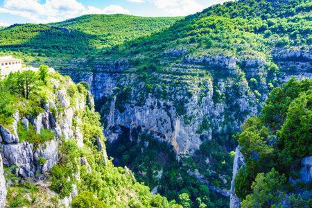 landscape. Verdon Gorge in French Alps, Provence France. Regional Natural Park. River grand canyon. tourist place.の写真素材
