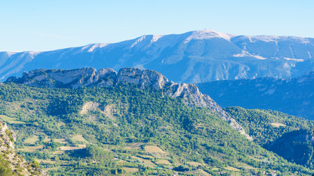 Mountain landscape with Mont Ventoux in the distance, view from Baronnies Provencales Natural Park...