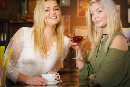 Two women best friends sitting at cafe counter.の写真素材