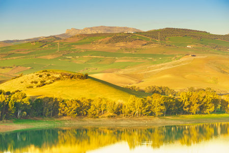 Spanish nature landscape. Lake Embalse del Guadalhorce and surrounding countryside, Ardales Reservoir, Malaga Andalusia, Spainの写真素材