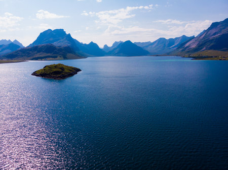 Sea with mountains, norwegian summer landscape on Lofoten archipelago Nordland county, Norway. Tourist attraction.の写真素材