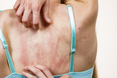 Health problem, skin diseases. Young woman showing her back with acne, red spots. Female scratching her itchy body with allergy rash.の写真素材