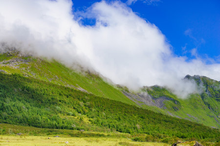 Summer mountain covered with clouds. Gimsoya island landscape, Nordland county, Lofoten archipelago Norway. Tourist attraction.の写真素材