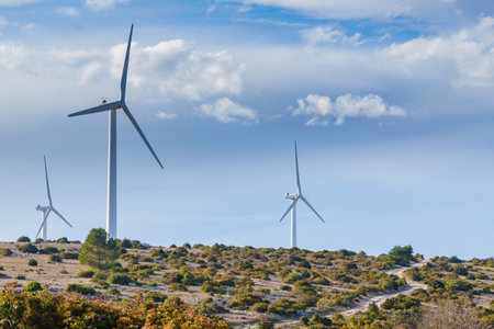 Wind turbine plant. Aude in the Occitanie region, France. Generating electricity. Ecology, conservation and sustainable energy.の写真素材