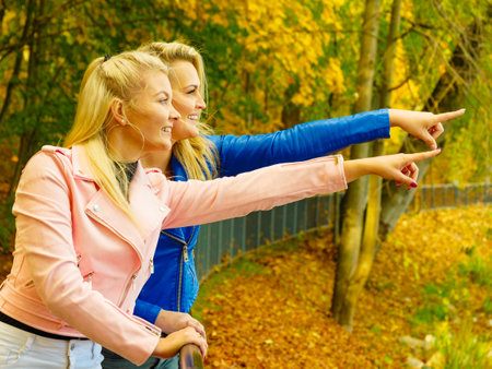Two blonde women best friends wearing fashionable outfit, pink and blue jackets, walking in autumn park. Relax on natureの写真素材