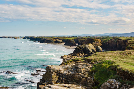 Cantabric coast landscape in northern Spain. Cliff formations on Cathedral Beach, Galicia Spain. Playa de las Catedrales, As Catedrais in Ribadeo, province of Lugo. Tourist attraction.の写真素材