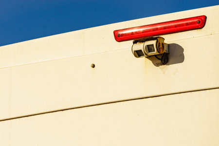 Caravan detail, rv back with rear view camera. Car parking cameraの写真素材