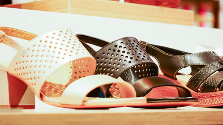 Shelf in shop with summer shoes sandal. Hallsの写真素材